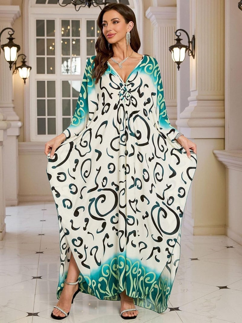 KEYLORTING Women’s Kaftan Beach Cover Up Dress Plus Size Summer Swimsuit Loungewear Maxi Dress - Image 2
